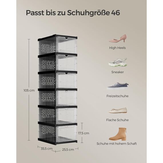 SONGMICS Schuhschrank, mit 6 Schuhboxen, integrierter Schuh-Organizer, faltbar, tragbar, für Schuhe bis Größe 46, 1-Min-Montage, transparent-tintenschwarz LSP205B01