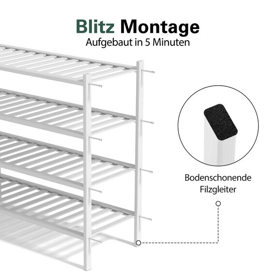 BAM BOO BOX - Schuhregal aus Bambus, Schuhablage mit 4 Ebenen, 68 x 28 x 64 cm, Erweiterbar Stapelbar, Schuhschrank Holz, Shoe Rack, Regal für Wohnzimmer oder Flur (Weiß)