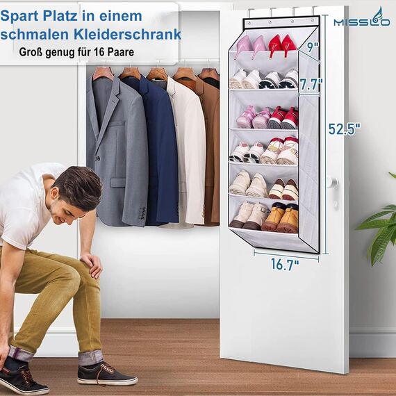 MISSLO 6 Regal Organizer über der Tür für Schuhe mit Tiefen Taschen Hängeorganizer Schuhregal für Schrank und Schlafsaal Tür Hängend 12-Paar Schmaler Türschuhregal, Weiß