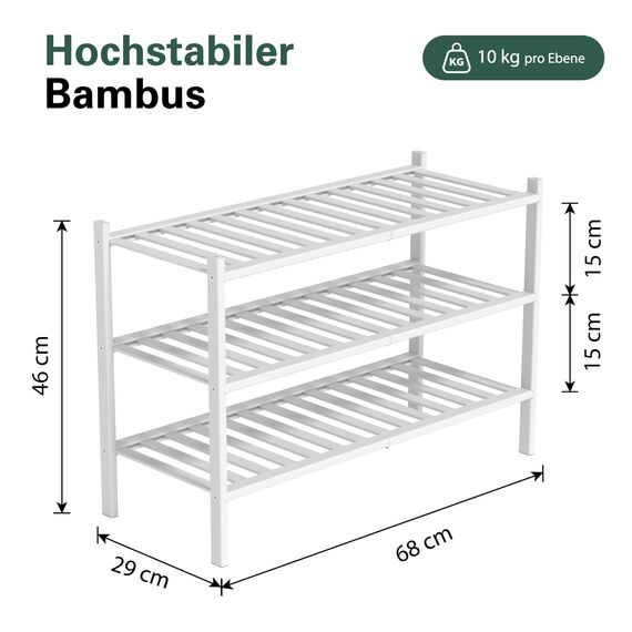 BAM BOO BOX - Schuhregal aus Bambus, Schuhablage mit 3 Ebenen, 68 x 28 x 46 cm, Erweiterbar Stapelbar, Schuhschrank Holz, Shoe Rack, Regal für Wohnzimmer oder Flur (Weiß)
