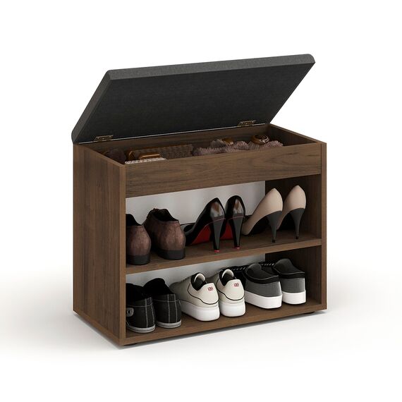 KOMTO Schuhbank mit Sitzfläche - Schuhregal Bank mit Stauraum Nussbaum 60 x 48 x 32 cm Kleiner Schuhschrank mit Sitzbank Flur Bank Garderobenbank Sofia