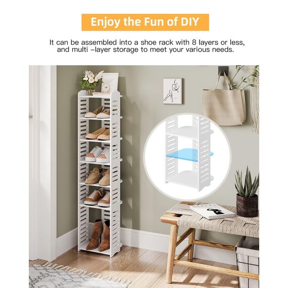 Dripex Schuhregal Schmal Weiß, Verstellbarer, Multifunktional, Standregal Schuhständer für Flur Eingang Garderobe Schlafzimmer, 8 Ablagen