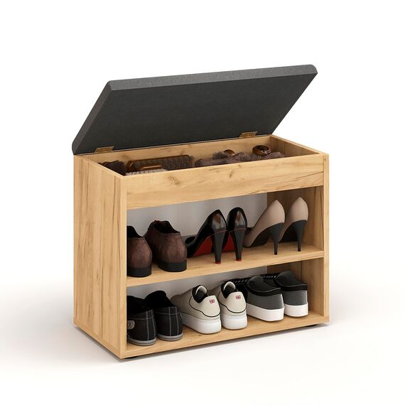 KOMTO Schuhbank mit Sitzfläche - Schuhregal Bank mit Stauraum Honig Eiche 60 x 48 x 32 cm Kleiner Schuhschrank mit Sitzbank Flur Bank Garderobenbank Sofia