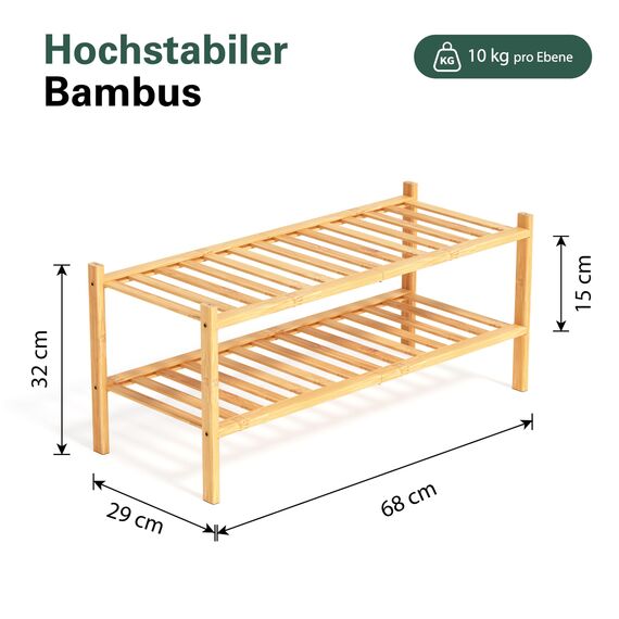 BAM BOO BOX - Schuhregal aus Bambus, Schuhablage mit 2 Ebenen, 68 x 28 x 32 cm, Erweiterbar Stapelbar, Schuhschrank Holz, Shoe Rack, Regal für Wohnzimmer oder Flur (Bambus)
