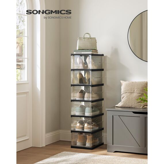 SONGMICS Schuhschrank, mit 6 Schuhboxen, integrierter Schuh-Organizer, faltbar, tragbar, für Schuhe bis Größe 46, 1-Min-Montage, transparent-tintenschwarz LSP205B01