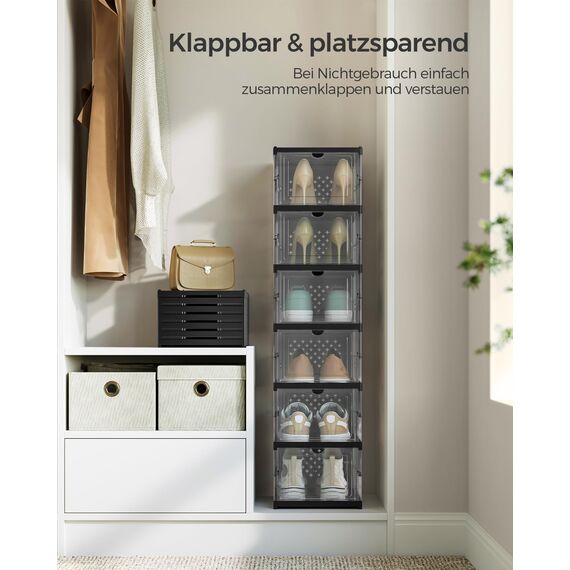 SONGMICS Schuhschrank, mit 6 Schuhboxen, integrierter Schuh-Organizer, faltbar, tragbar, für Schuhe bis Größe 46, 1-Min-Montage, transparent-tintenschwarz LSP205B01