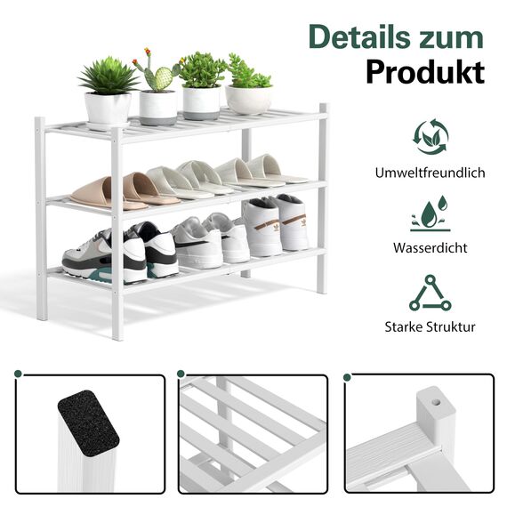 BAM BOO BOX - Schuhregal aus Bambus, Schuhablage mit 3 Ebenen, 68 x 28 x 46 cm, Erweiterbar Stapelbar, Schuhschrank Holz, Shoe Rack, Regal für Wohnzimmer oder Flur (Weiß)