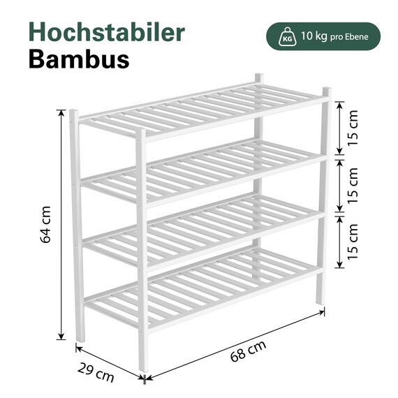 BAM BOO BOX - Schuhregal aus Bambus, Schuhablage mit 4 Ebenen, 68 x 28 x 64 cm, Erweiterbar Stapelbar, Schuhschrank Holz, Shoe Rack, Regal für Wohnzimmer oder Flur (Weiß)
