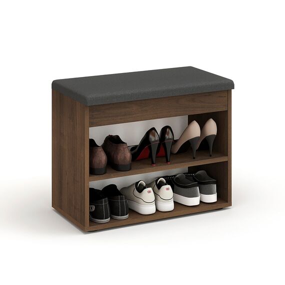 KOMTO Schuhbank mit Sitzfläche - Schuhregal Bank mit Stauraum Nussbaum 60 x 48 x 32 cm Kleiner Schuhschrank mit Sitzbank Flur Bank Garderobenbank Sofia