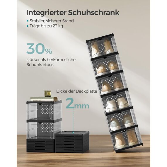 SONGMICS Schuhschrank, mit 6 Schuhboxen, integrierter Schuh-Organizer, faltbar, tragbar, für Schuhe bis Größe 46, 1-Min-Montage, transparent-tintenschwarz LSP205B01