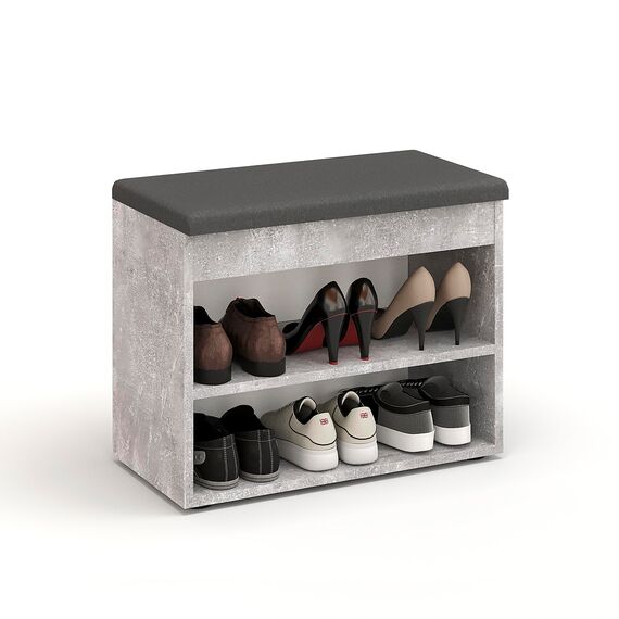 KOMTO Schuhbank mit Sitzfläche - Schuhregal Bank mit Stauraum Beton 60 x 48 x 32 cm Kleiner Schuhschrank mit Sitzbank Flur Bank Garderobenbank Sofia, Beton Polster Grau
