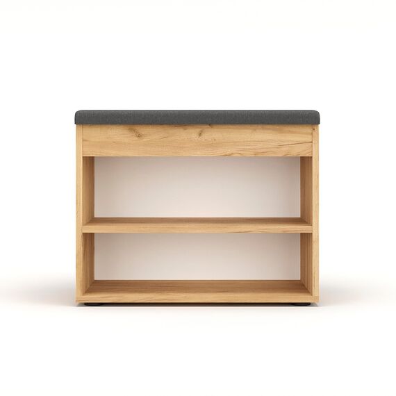 KOMTO Schuhbank mit Sitzfläche - Schuhregal Bank mit Stauraum Honig Eiche 60 x 48 x 32 cm Kleiner Schuhschrank mit Sitzbank Flur Bank Garderobenbank Sofia