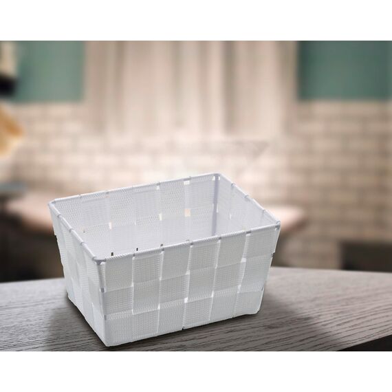 WENKO Aufbewahrungskorb Adria Mini Weiß - Badkorb, rechteckig, Kunststoff-Geflecht, Polypropylen, 19 x 9 x 14 cm, Weiß Mini Long (Packung mit 4)
