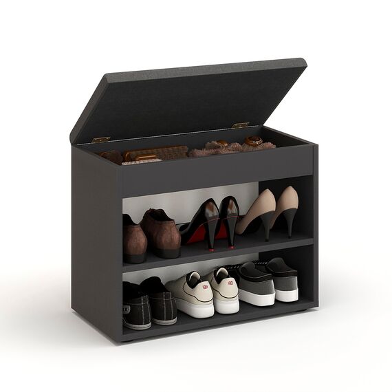 KOMTO Schuhbank mit Sitzfläche - Schuhregal Bank mit Stauraum Schwarz 60 x 48 x 32 cm Kleiner Schuhschrank mit Sitzbank Flur Bank Garderobenbank Sofia