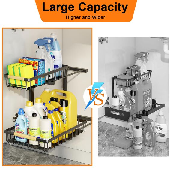 Miyawell Unterbecken-Organizer, 2 Stück, 2 Etagen, Organizer und Aufbewahrung, ausziehbarer Schrank-Organizer, Regal, Metall-Schubladen, Regale für Küche, Badezimmer, Schrank-Organisation