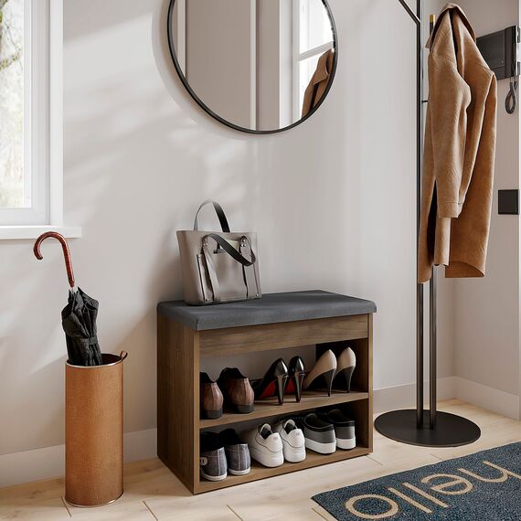 KOMTO Schuhbank mit Sitzfläche - Schuhregal Bank mit Stauraum Nussbaum 60 x 48 x 32 cm Kleiner Schuhschrank mit Sitzbank Flur Bank Garderobenbank Sofia