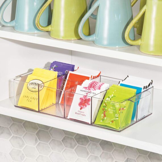 mDesign Küchen Organizer – praktischer Korb mit Griff für Küche und Speisekammer – Aufbewahrungsbox mit acht Fächern – ideal für Tee, Kaffee, Gewürze und andere Lebensmittel – durchsichtig