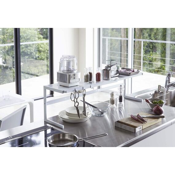 Yamazaki 4480 Tower Ausziehbares Küchenregal, weiß, Stahl, Minimalistisches Design, 54～92 x 22,5 x 25 cm (LxBxH)