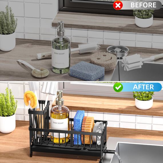 Cisily Schwarzer Schwammhalter für Küchenspüle, Spülbecken-Caddy Organizer mit hohem Bürstenhalter, Küchenarbeitsplatten-Organizer und Aufbewahrungsutensilien, rostfreier 304 Edelstahl, Seifenspender