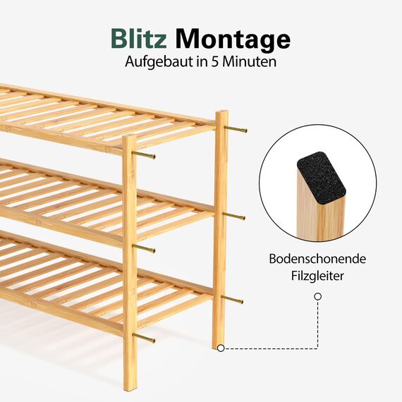 BAM BOO BOX - Schuhregal aus Bambus, Schuhablage mit 3 Ebenen, 68 x 28 x 46 cm, Erweiterbar Stapelbar, Schuhschrank Holz, Shoe Rack, Regal für Wohnzimmer oder Flur (Bambus)