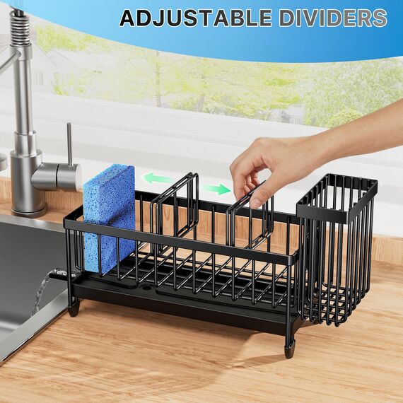 Cisily Schwarzer Schwammhalter für Küchenspüle, Spülbecken-Caddy Organizer mit hohem Bürstenhalter, Küchenarbeitsplatten-Organizer und Aufbewahrungsutensilien, rostfreier 304 Edelstahl, Seifenspender