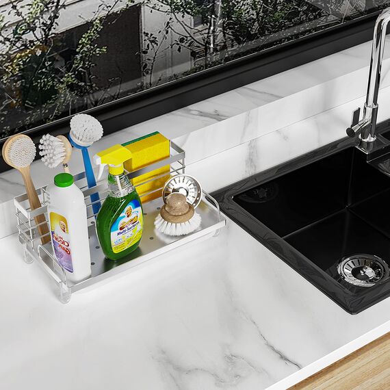 Cisily Moderner silberner Spülbecken-Caddy aus Edelstahl, Spülbecken-Organizer mit 5 Fächern, Schwammhalter, Ablaufsystem