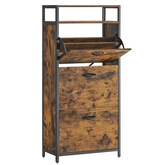 VASAGLE Schuhschrank, schmales Schuhregal, Schuhkipper mit 3 Klappen, für 12-18 Paar Schuhe, platzsparend, staubdicht, 30 x 60 x 130 cm, für Flur, vintagebraun-schwarz LBS101B01