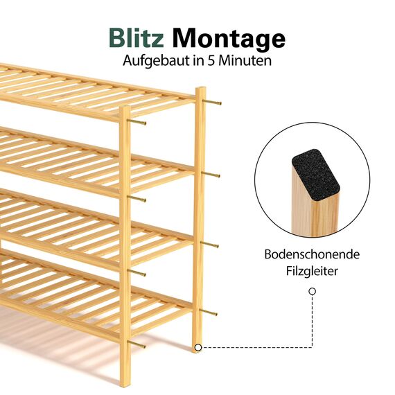 BAM BOO BOX - Schuhregal aus Bambus, Schuhablage mit 4 Ebenen, 68 x 28 x 64 cm, Erweiterbar Stapelbar, Schuhschrank Holz, Shoe Rack, Regal für Wohnzimmer oder Flur (Bambus)