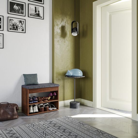 KOMTO Schuhbank mit Sitzfläche - Schuhregal Bank mit Stauraum Nussbaum 60 x 48 x 32 cm Kleiner Schuhschrank mit Sitzbank Flur Bank Garderobenbank Sofia