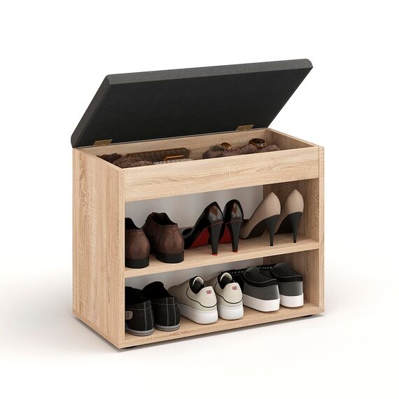 KOMTO Schuhbank mit Sitzfläche - Schuhregal Bank mit Stauraum Sonoma Eiche 60 x 48 x 32 cm Kleiner Schuhschrank mit Sitzbank Flur Bank Garderobenbank Sofia