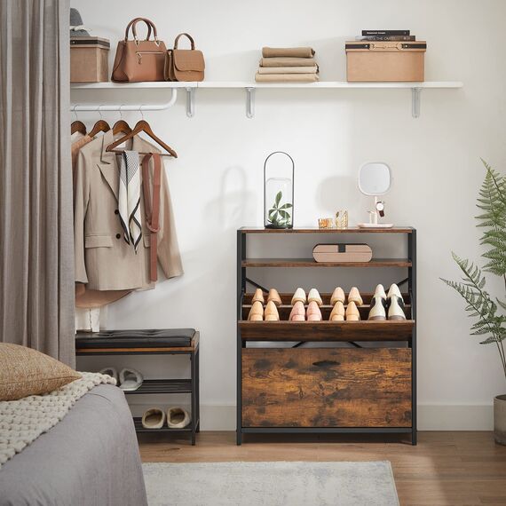 VASAGLE Schuhschrank, schmales Schuhregal, Schuhkipper mit 2 Klappen, für 10-16 Paar Schuhe, platzsparend, staubdicht, 30 x 80 x 95 cm, für Flur, vintagebraun-schwarz LBS801B01