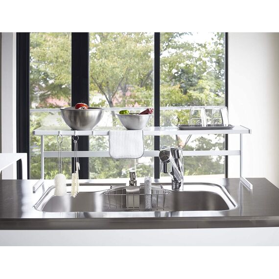 Yamazaki 4480 Tower Ausziehbares Küchenregal, weiß, Stahl, Minimalistisches Design, 54～92 x 22,5 x 25 cm (LxBxH)