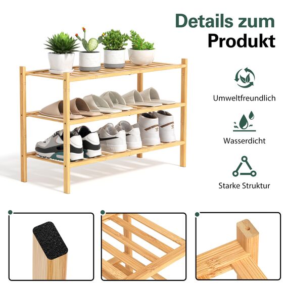 BAM BOO BOX - Schuhregal aus Bambus, Schuhablage mit 3 Ebenen, 68 x 28 x 46 cm, Erweiterbar Stapelbar, Schuhschrank Holz, Shoe Rack, Regal für Wohnzimmer oder Flur (Bambus)