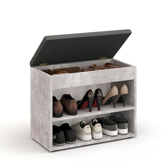 KOMTO Schuhbank mit Sitzfläche - Schuhregal Bank mit Stauraum Beton 60 x 48 x 32 cm Kleiner Schuhschrank mit Sitzbank Flur Bank Garderobenbank Sofia, Beton Polster Grau