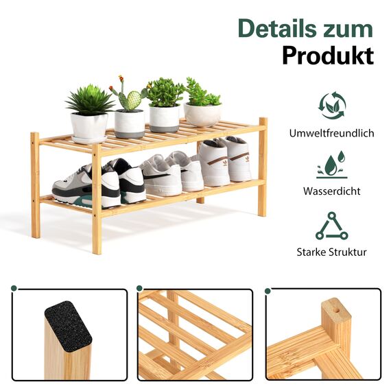 BAM BOO BOX - Schuhregal aus Bambus, Schuhablage mit 2 Ebenen, 68 x 28 x 32 cm, Erweiterbar Stapelbar, Schuhschrank Holz, Shoe Rack, Regal für Wohnzimmer oder Flur (Bambus)
