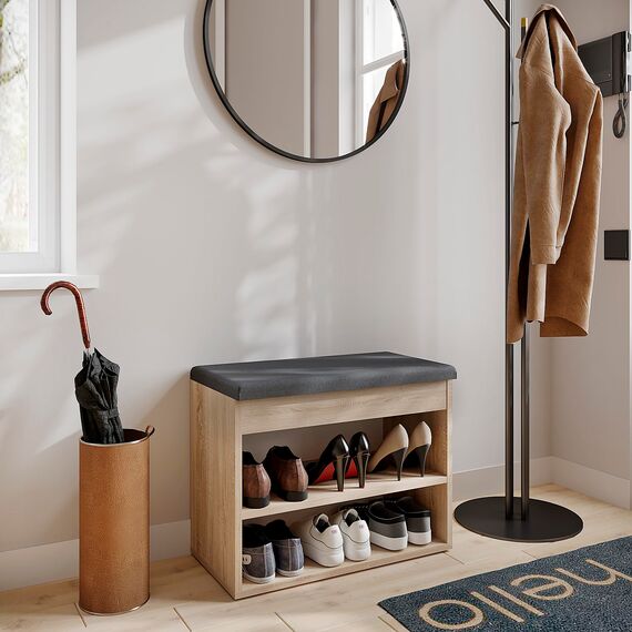 KOMTO Schuhbank mit Sitzfläche - Schuhregal Bank mit Stauraum Sonoma Eiche 60 x 48 x 32 cm Kleiner Schuhschrank mit Sitzbank Flur Bank Garderobenbank Sofia