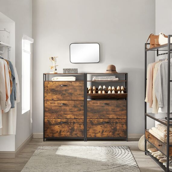 VASAGLE Schuhschrank, schmales Schuhregal, Schuhkipper mit 3 Klappen, für 15-24 Paar Schuhe, platzsparend, staubdicht, 30 x 80 x 130 cm, für Flur, vintagebraun-schwarz LBS802B01