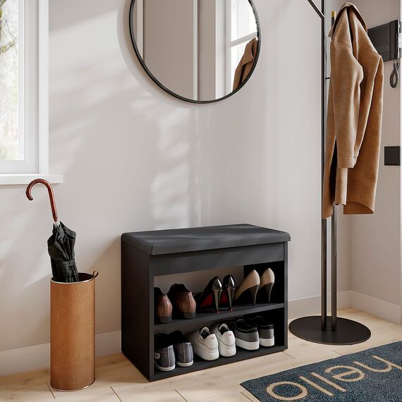 KOMTO Schuhbank mit Sitzfläche - Schuhregal Bank mit Stauraum Schwarz 60 x 48 x 32 cm Kleiner Schuhschrank mit Sitzbank Flur Bank Garderobenbank Sofia