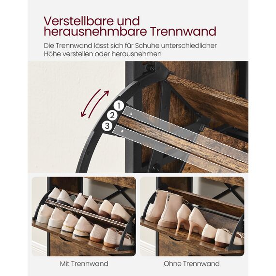 VASAGLE Schuhschrank, schmales Schuhregal, Schuhkipper mit 3 Klappen, für 12-18 Paar Schuhe, platzsparend, staubdicht, 30 x 60 x 130 cm, für Flur, vintagebraun-schwarz LBS101B01