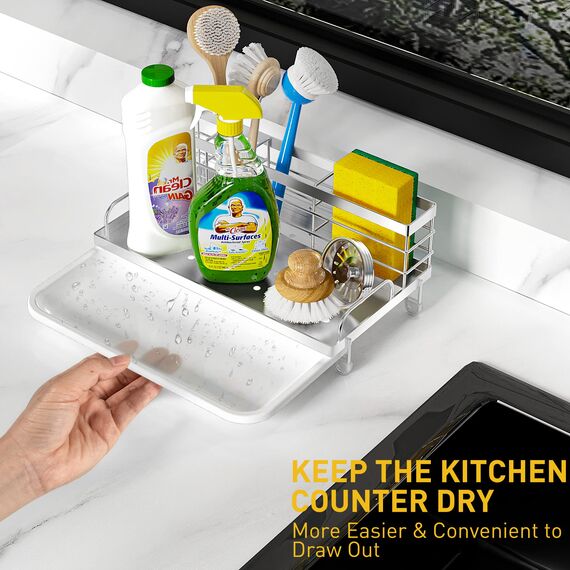 Cisily Moderner silberner Spülbecken-Caddy aus Edelstahl, Spülbecken-Organizer mit 5 Fächern, Schwammhalter, Ablaufsystem