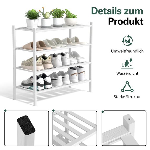 BAM BOO BOX - Schuhregal aus Bambus, Schuhablage mit 4 Ebenen, 68 x 28 x 64 cm, Erweiterbar Stapelbar, Schuhschrank Holz, Shoe Rack, Regal für Wohnzimmer oder Flur (Weiß)