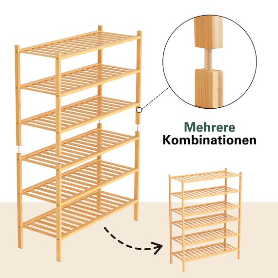BAM BOO BOX - Schuhregal aus Bambus, Schuhablage mit 3 Ebenen, 68 x 28 x 46 cm, Erweiterbar Stapelbar, Schuhschrank Holz, Shoe Rack, Regal für Wohnzimmer oder Flur (Bambus)