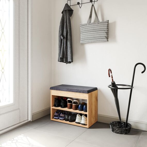 KOMTO Schuhbank mit Sitzfläche - Schuhregal Bank mit Stauraum Honig Eiche 60 x 48 x 32 cm Kleiner Schuhschrank mit Sitzbank Flur Bank Garderobenbank Sofia