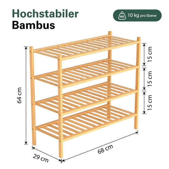 BAM BOO BOX - Schuhregal aus Bambus, Schuhablage mit 4 Ebenen, 68 x 28 x 64 cm, Erweiterbar Stapelbar, Schuhschrank Holz, Shoe Rack, Regal für Wohnzimmer oder Flur (Bambus)