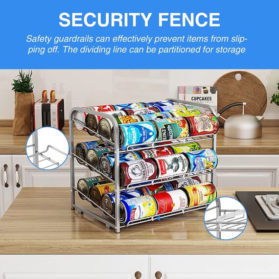 AIYAKA Dosenregal-Organizer, 3 Etagen, stapelbarer Dosenspender, für Lebensmittelaufbewahrung, Küchenschränke oder Speisekammer, Aufbewahrung für 36 Dosen, Silber