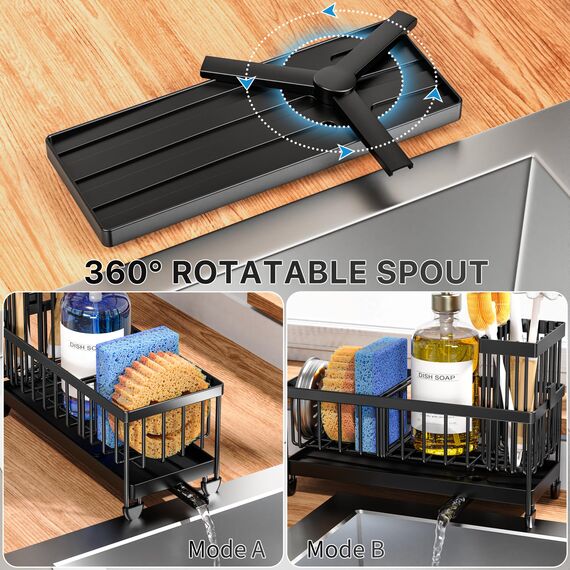 Cisily Schwarzer Schwammhalter für Küchenspüle, Spülbecken-Caddy Organizer mit hohem Bürstenhalter, Küchenarbeitsplatten-Organizer und Aufbewahrungsutensilien, rostfreier 304 Edelstahl, Seifenspender