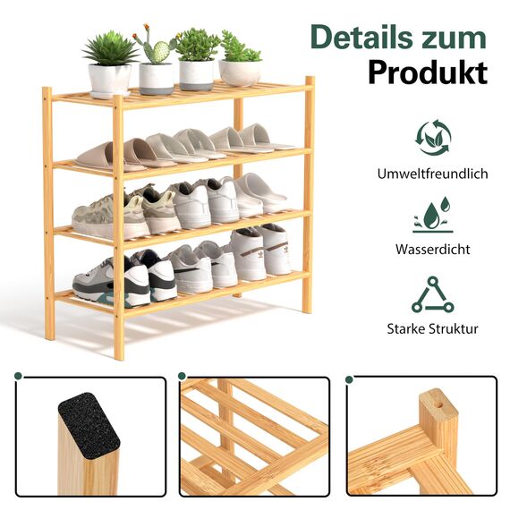 BAM BOO BOX - Schuhregal aus Bambus, Schuhablage mit 4 Ebenen, 68 x 28 x 64 cm, Erweiterbar Stapelbar, Schuhschrank Holz, Shoe Rack, Regal für Wohnzimmer oder Flur (Bambus)