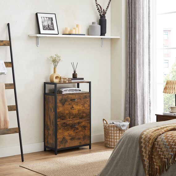 VASAGLE Schuhschrank, schmales Schuhregal, Schuhkipper mit 2 Klappen, für 8-12 Paar Schuhe, platzsparend, staubdicht, 30 x 60 x 95 cm, für Flur, vintagebraun-schwarz LBS800B01