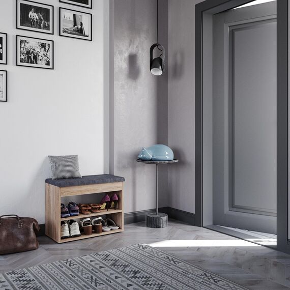 KOMTO Schuhbank mit Sitzfläche - Schuhregal Bank mit Stauraum Sonoma Eiche 60 x 48 x 32 cm Kleiner Schuhschrank mit Sitzbank Flur Bank Garderobenbank Sofia