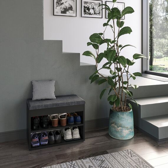 KOMTO Schuhbank mit Sitzfläche - Schuhregal Bank mit Stauraum Schwarz 60 x 48 x 32 cm Kleiner Schuhschrank mit Sitzbank Flur Bank Garderobenbank Sofia